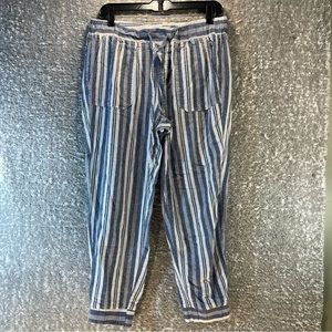 Per Se Linen Blend Striped Pants Joggers Blue White Medium Elastic Waist Pockets